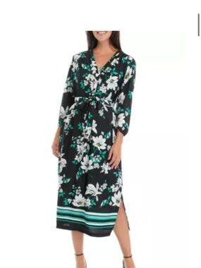 Jones New York Black Floral Midi Dress with White and Green Accents